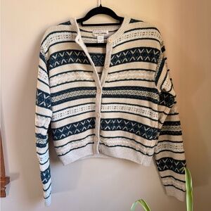 Casual Corner Cream and Teal Striped & Patterned Cardigan